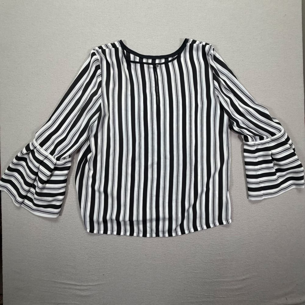LOFT Blouse Womens Large Good Black White Striped Tiered Bell Sleeve Crew Neck - Picture 6 of 7